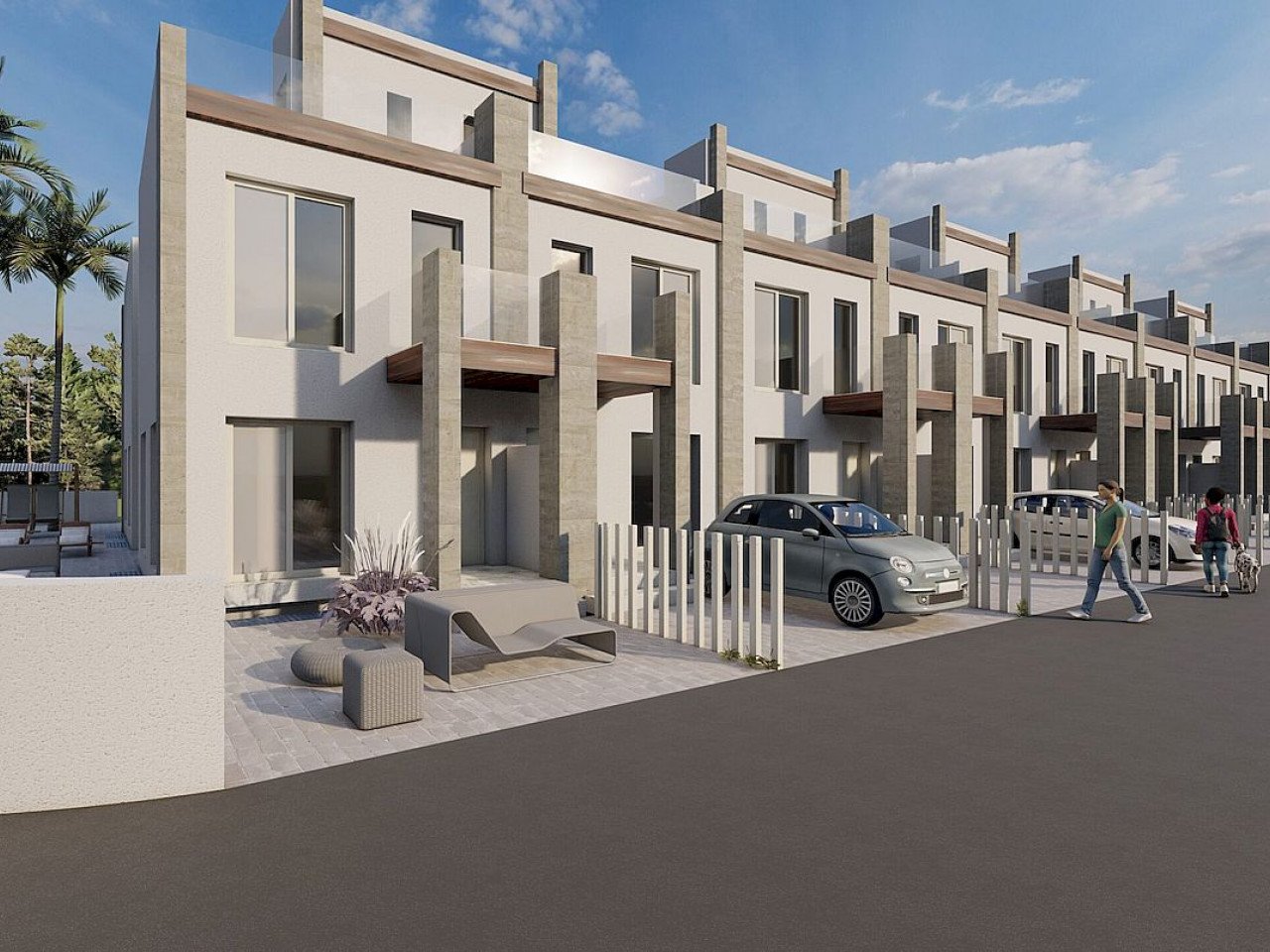 Neues Konzept von modernen Neubau-Stadthäusern mit hochwertigen Materialien