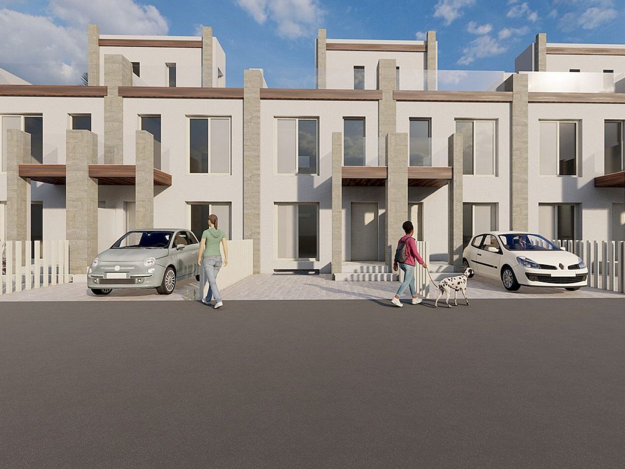 Neues Konzept von modernen Neubau-Stadthäusern mit hochwertigen Materialien