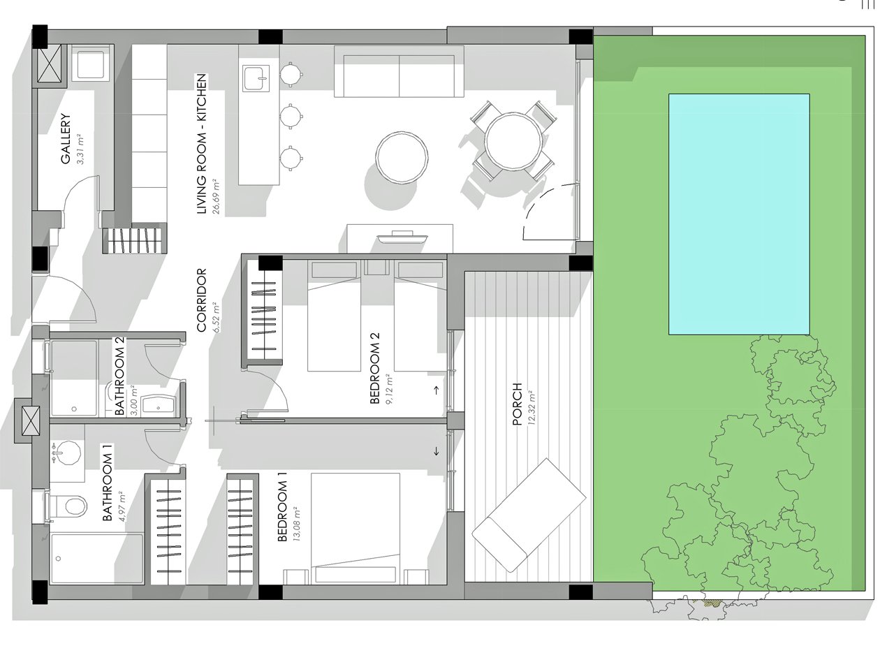Bsp. Garten-Apartment 2 Schlafzimmer