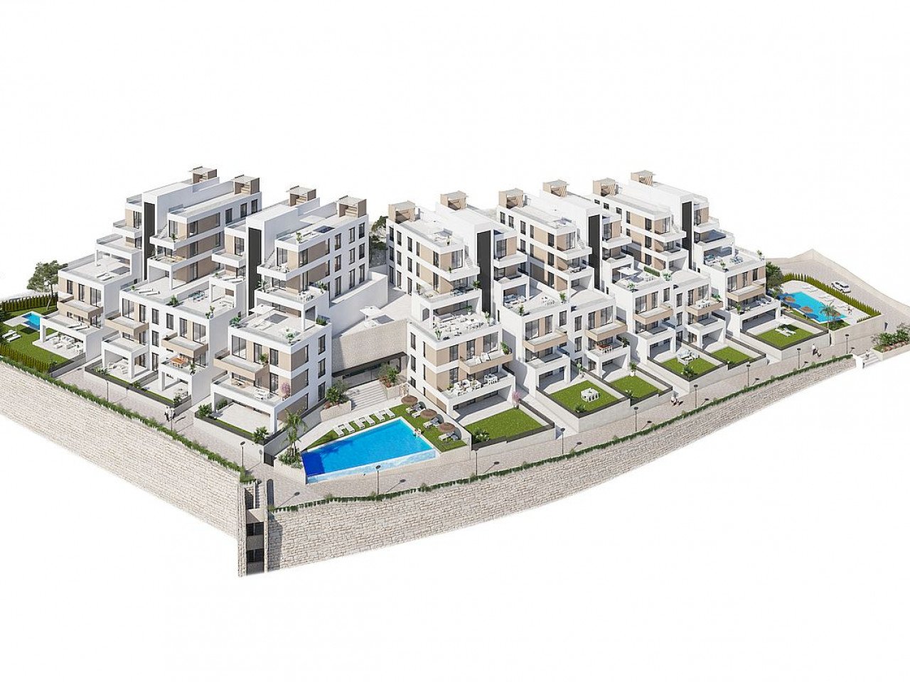 Beeindruckende neue Wohnanlage in der begehrten Gegend mit Meerblick nur 2 km vom Strand entfernt.