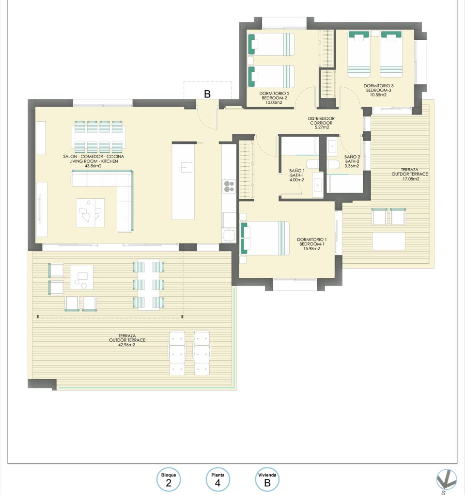 Bsp. Grundriss Penthouse 3 Schlafzimmer B2-4-B