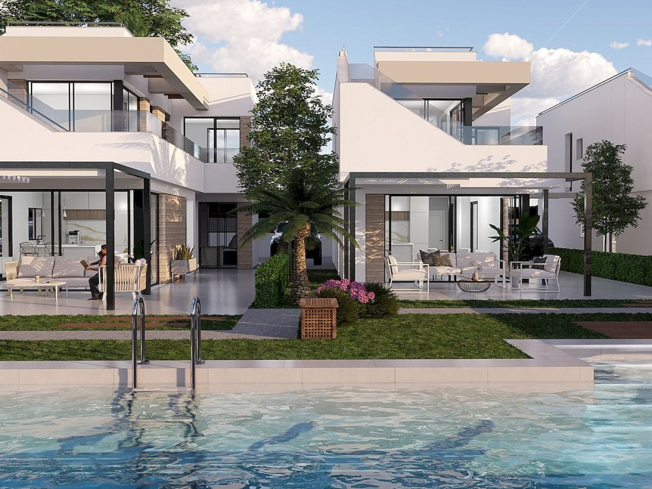 New modern designed villas 100m from the golf course located in a sunny south east position with open fields, golf and sea views. 

Community model...