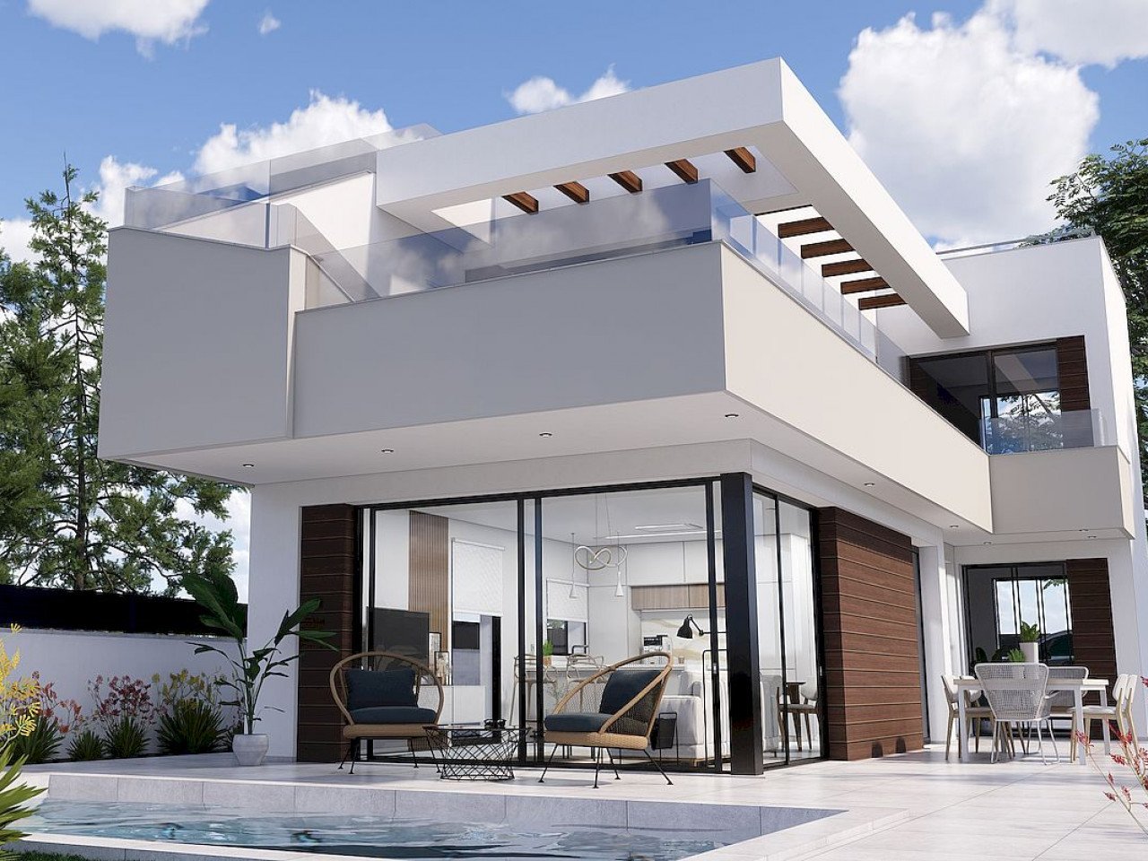 New modern designed villas 100m from the golf course located in a sunny south east position with open fields, golf and sea views. 

Community model...