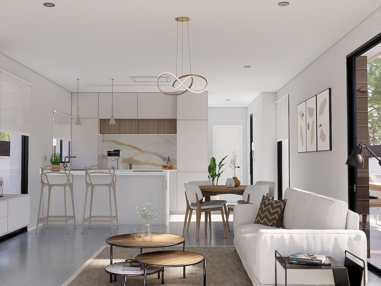 New modern designed villas 100m from the golf course located in a sunny south east position with open fields, golf and sea views. 

Community model...