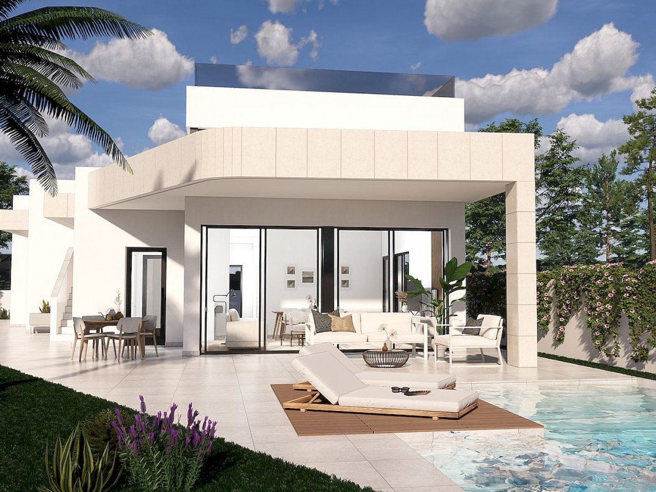 New modern designed villas 100m from the golf course located in a sunny south east position with open fields, golf and sea views. 

Community model...