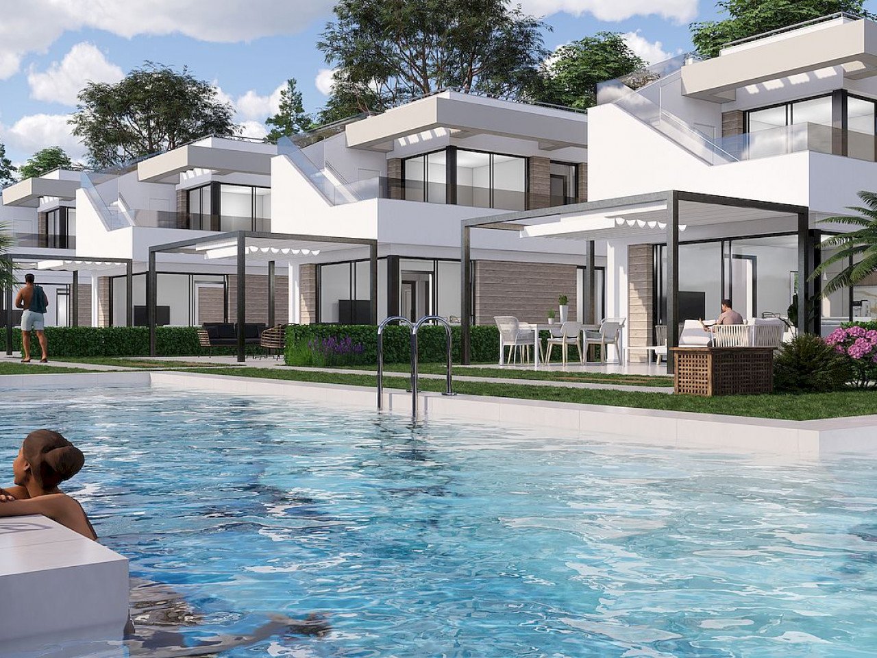 New modern designed villas 100m from the golf course located in a sunny south east position with open fields, golf and sea views. 

Community model...