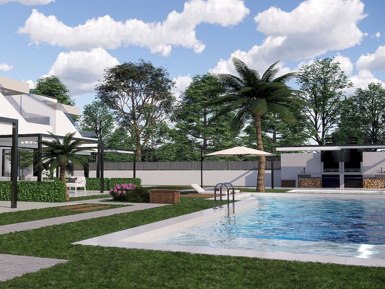 New modern designed villas 100m from the golf course located in a sunny south east position with open fields, golf and sea views. 

Community model...
