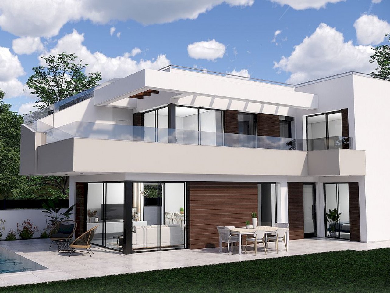 New modern designed villas 100m from the golf course located in a sunny south east position with open fields, golf and sea views. 

Community model...