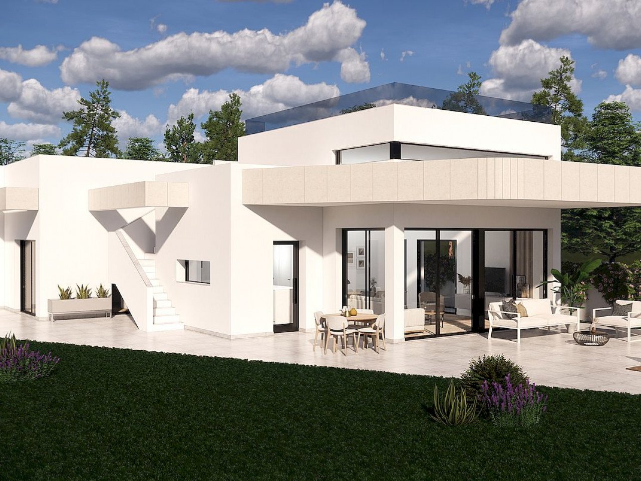 New modern designed villas 100m from the golf course located in a sunny south east position with open fields, golf and sea views. 

Community model...
