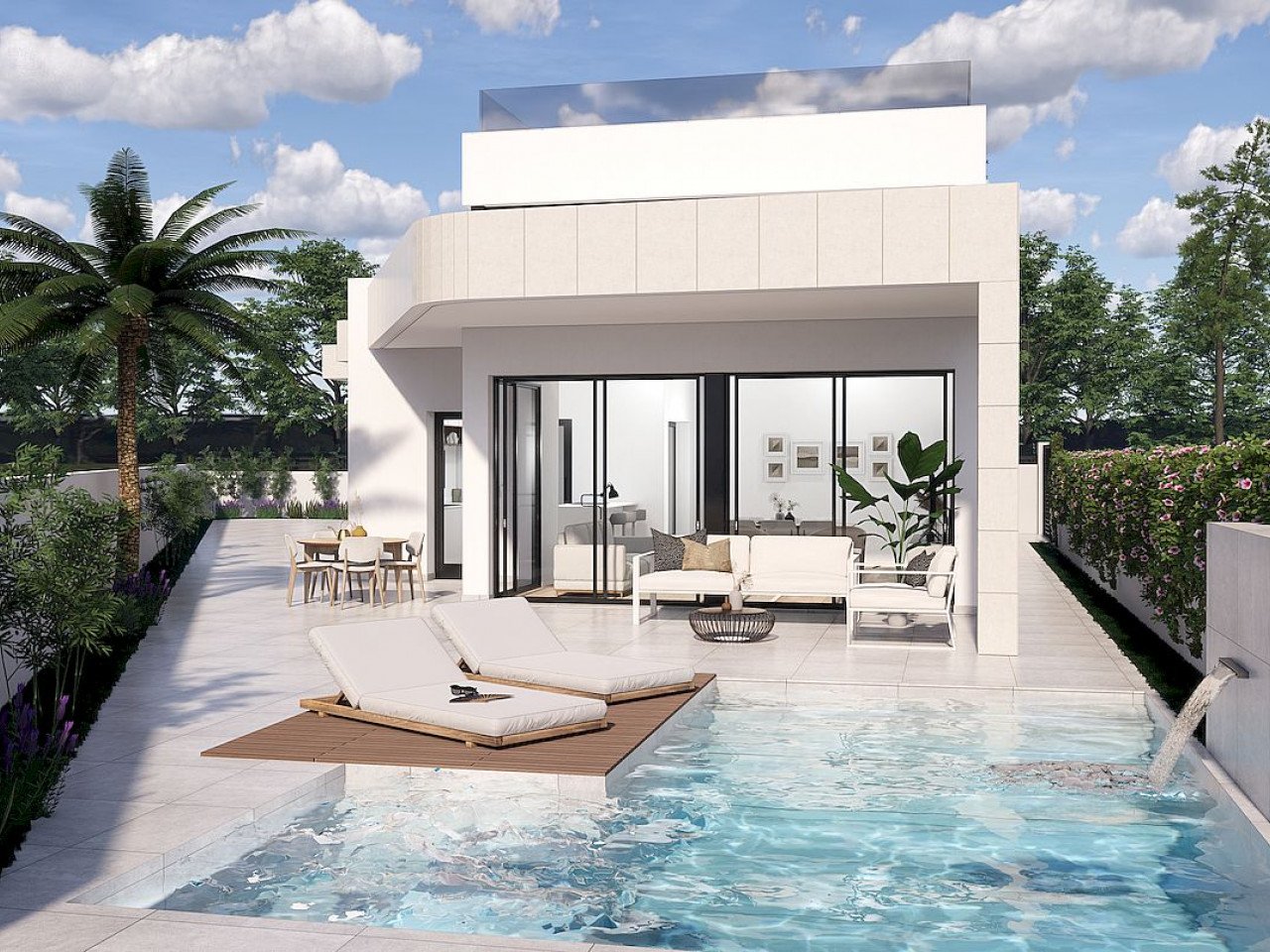 New modern designed villas 100m from the golf course located in a sunny south east position with open fields, golf and sea views. 

Community model...