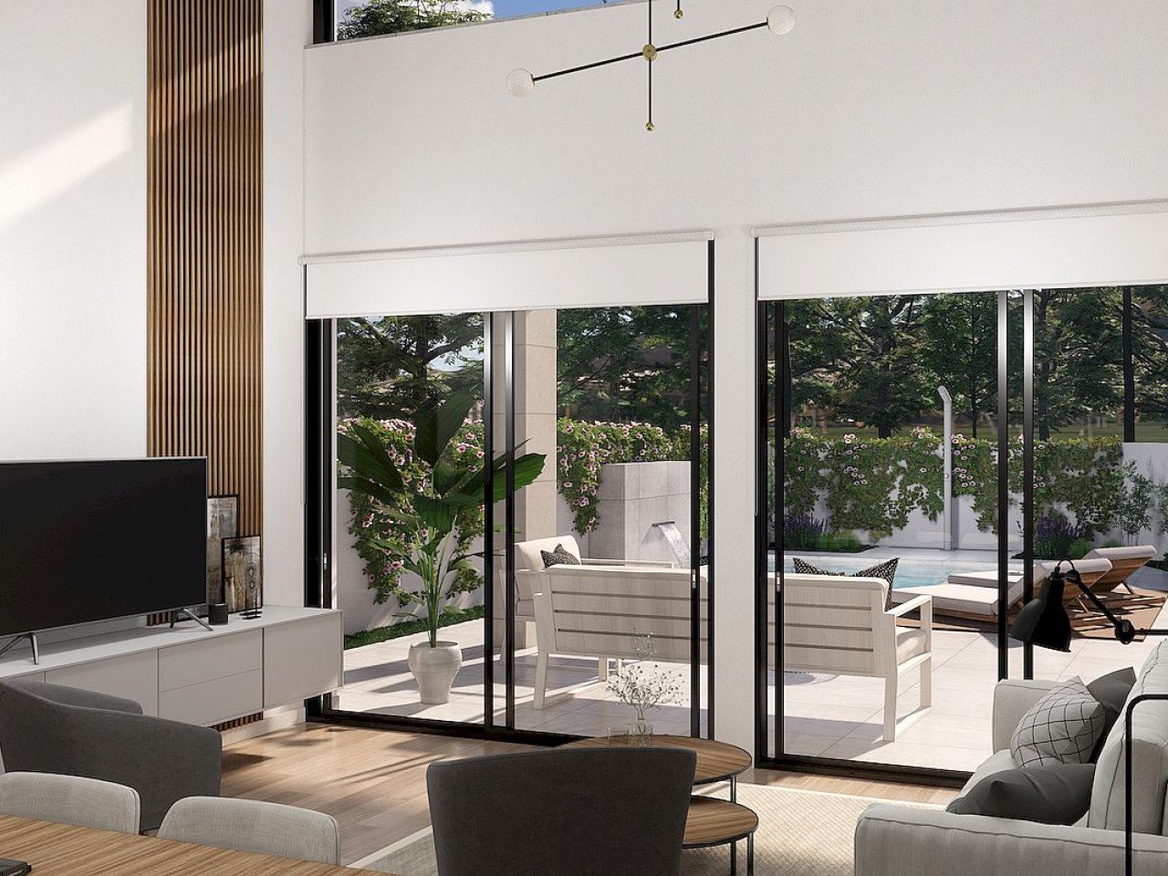 New modern designed villas 100m from the golf course located in a sunny south east position with open fields, golf and sea views. 

Community model...